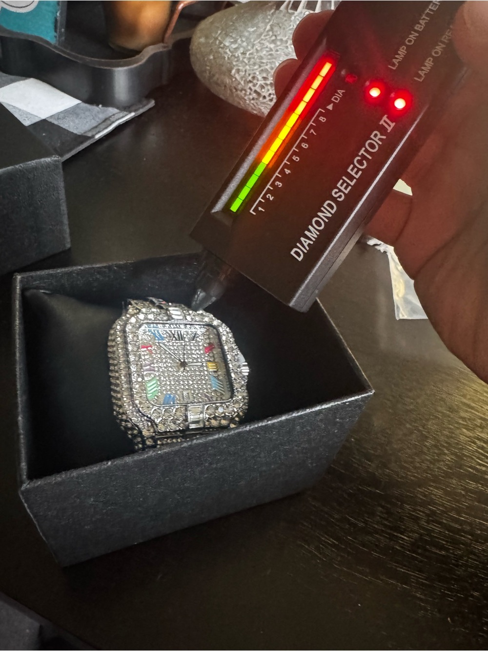 Iced Silver Square Face Watch with Multicolor Accents